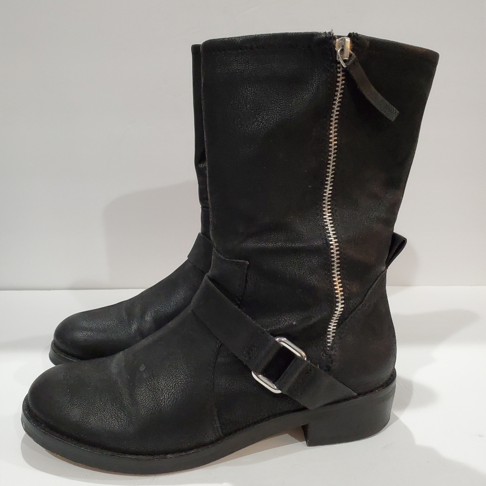 Trouvé Black Soft Leather Moto Boots - Size 7.5 | Mid-Calf Biker Boots